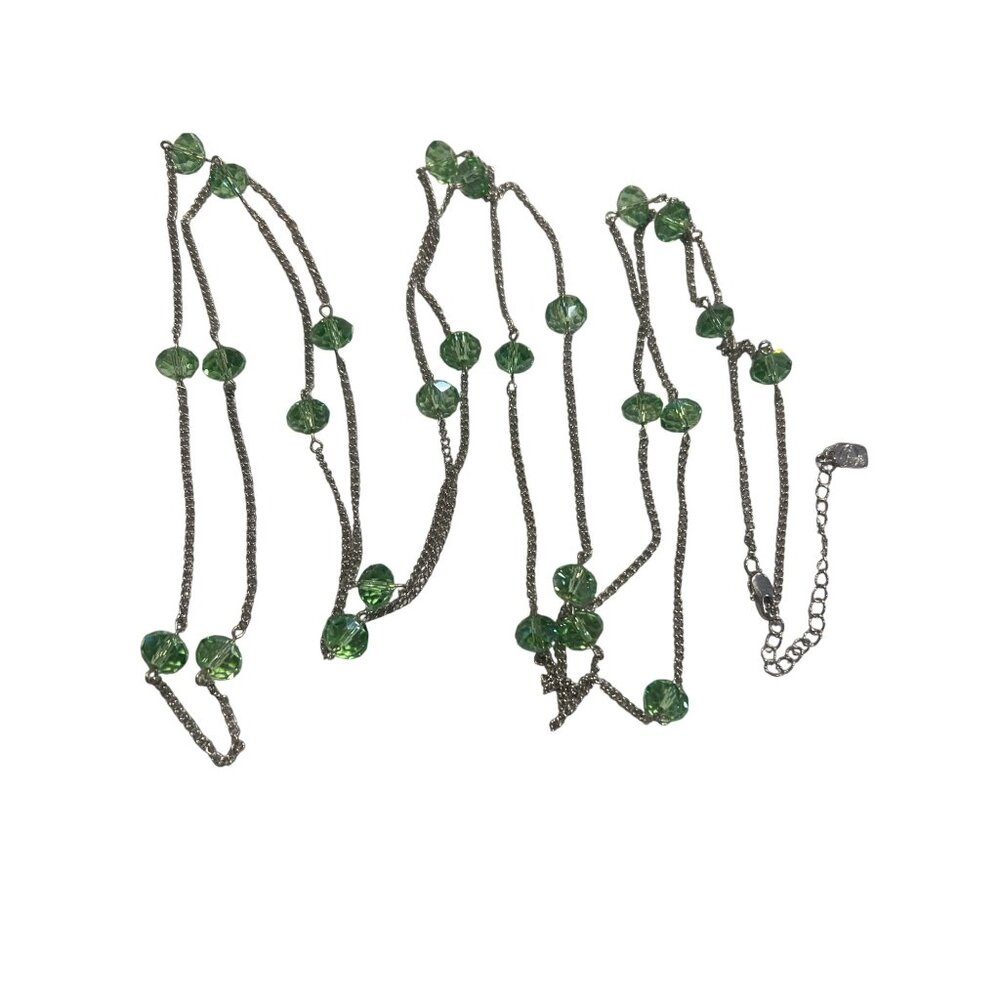 You and I Long Silver Tone Necklace Green Glass Faceted Beads Double Triple 75"